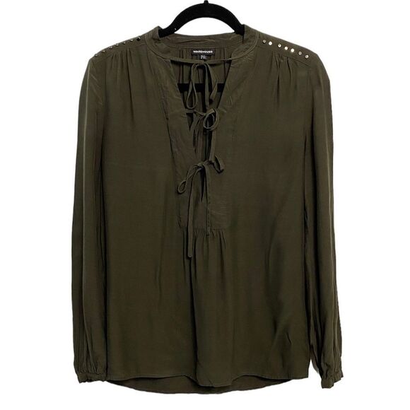 Warehouse Long Sleeve Blouse Army Green Size 4 - Picture 1 of 6